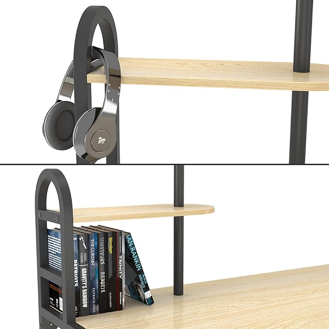 Anivia Computer Bookshelf Home Office, Study Table with Hutch & Adjustable Shelves, Sturdy Wooden Desk for Gaming, Easy Assemble, 49.2", Light Walnut