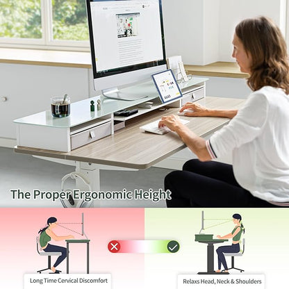 FEZIBO 48 x 24 Inch Height Adjustable Glass Electric Standing Desk with Double Drawer, Stand Up Desk with Storage Shelf, Sit Stand Desk, Light Walnut