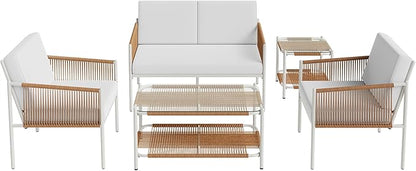 Shintenchi 5 Piece Wicker Outdoor Patio Furniture Set, White Metal Sofa Conversation Set, including Loveseat, Two Single Chairs and Two Coffee Tables for Backyard, Patio, Balcony, Poolside