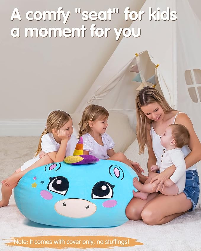 Aubliss Unicorn Stuffed Animal Storage, Velvet Bean Bag Chairs Cover, X-Large 38" Ultra Soft Kids Toy Storage Organizer for Blankets Towels Clothes Home Supplies, Blue Big Eyes