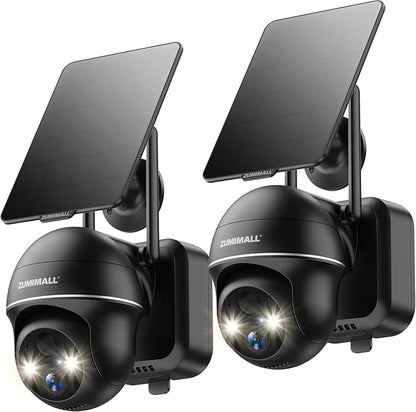 ZUMIMALL Security Cameras Wireless Outdoor - 2 Packs, 360°View Outdoor Camera Wireless Solar Powered,2.4G WiFi, Spotlight/Siren//3MP Color Night Vision/AI Detection/IP66/Cloud/Alert, Work with Alexa