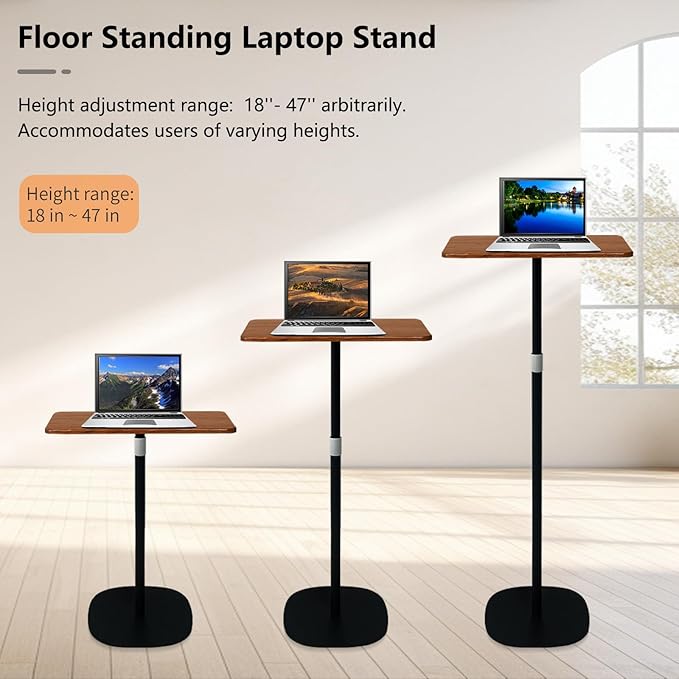 Portable Laptop Floor Stand, Bedside/Sofa Table with Height Adjustable 18''~47'', Stylish Movable Workstation Floor Standing Desk for Office, Meeting Room, living room Easy Assembly, Black