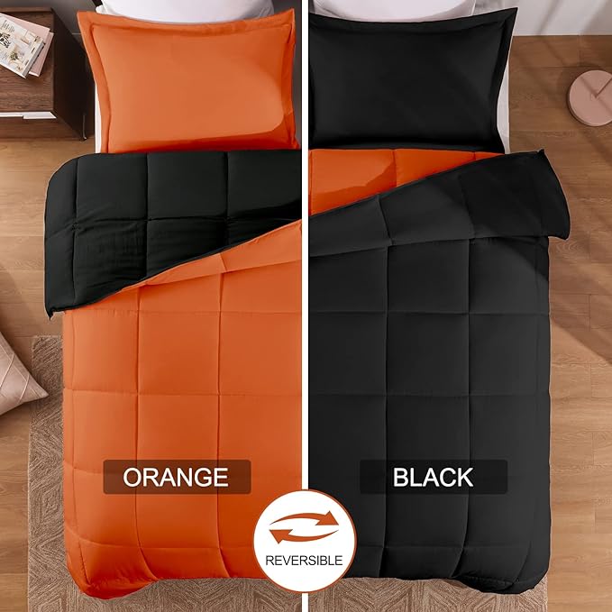 Basic Beyond Queen Comforter Set - Fluffy Comforter Queen Set for All Seasons - Reversible Orange Comforter Set Queen for Mens - 3 Pieces (1 Comforter + 2 Pillow Shams) - Orange/Black