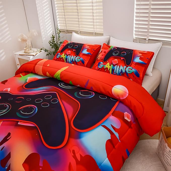 Aimuan Gaming Comforter Sets for Boys Kids Bedding Sets Video Games Console Action Buttons Novelty Colorful Game Gamepad Controller Modern Gamer Room Decor Home Quilt Set (Queen, Red)