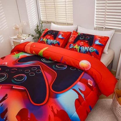 Aimuan Gaming Comforter Sets for Boys Kids Bedding Sets Video Games Console Action Buttons Novelty Colorful Game Gamepad Controller Modern Gamer Room Decor Home Quilt Set (Queen, Red)