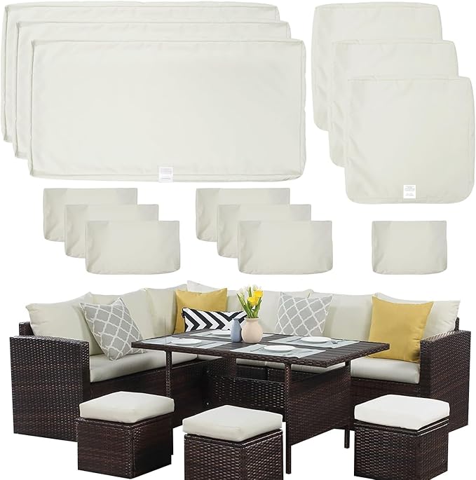 ClawsCover 13Pack Outdoor Seat and Back Cushions Replacement Covers Fit for 7Pieces Wicker Rattan Patio Furniture Set Sectional Couch with Dining Table and Ottoman,Cream-Include Cover Only