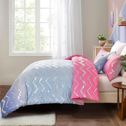 Girls Comforter Set Queen Size Ombre Pink Purple Bedding Colorful Rainbow Comforter for Kids Teen Women,4 Pieces (1 Comforter,2 Pillowcase,1 Decorative Pillow Sham)