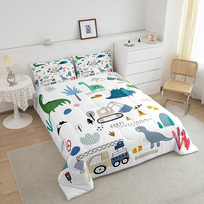 Kids Tractor Comforter Set Queen Size, Cartoon Dino Bedding For Boys, Machinery Trucks Construction Vehicle Cartoon Dinosaurs Bedding Comforter Sets, Cute Wild Animal Equipment Quilt, Blue Gray Green