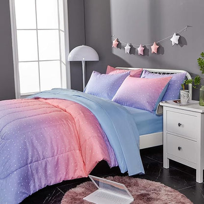 Rainbow Comforter Set for Teen Girls Women,Full/Queen Size 5 Piece Bed in A Bag,Metallic Printed Glitter Comforter and Sheets,Ultra Soft Microfiber All Season Bedding Set(Full/Queen,Blue)