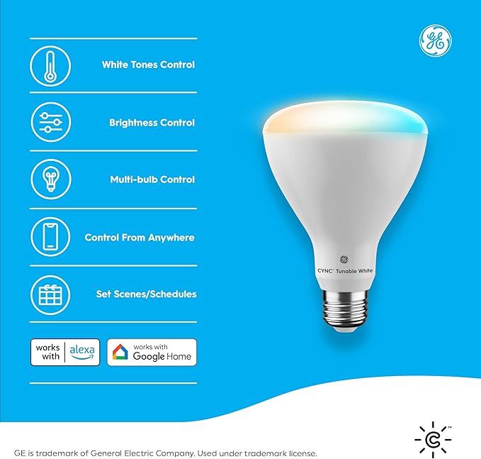 GE CYNC Smart LED Light Bulbs, Tunable White, Bluetooth and Wi-Fi, Works with Alexa and Google, BR30 Indoor Floodlights (2 Pack)