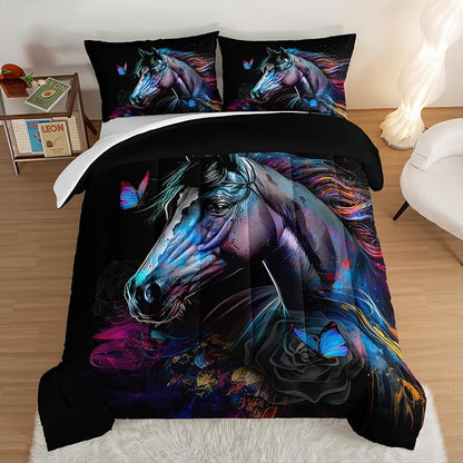 HOSIMA 3 Pieces Art Horse Comforter Set with 2 Pillowcases,Wildlife Horse Butterfly Black Comforter Boys Teens Aesthetic Room Decor,Animal Bedding Full Size Bed in a Bag Sets for adults.