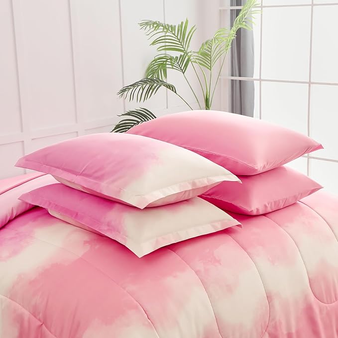 Dinjoy Girls Comforter Set Full Size Colorful Rainbow Ombre Pink Bedding Set Gradient Soft Lightweight 7 Pieces Bed in A Bag for Kids Teen Women(1 Comforter, 1 Flat Sheet, 1 Fitted Sheet)