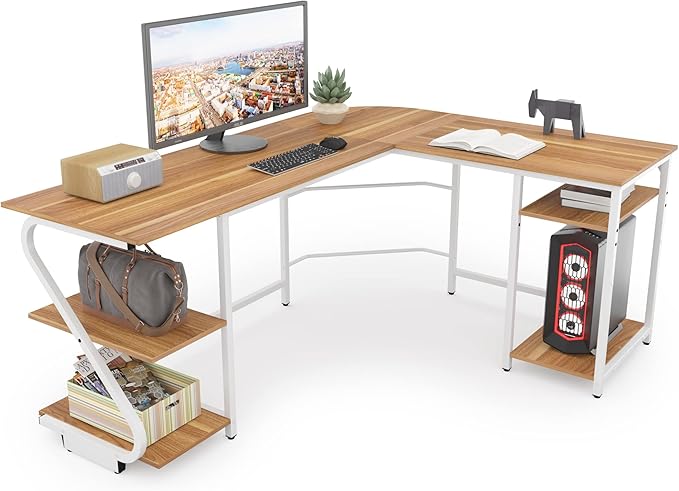 L Shaped Desk Reversible, Corner Computer L Desk with Storage Shelves, Modern Gaming Desk Workstation for Home Office, Walnut