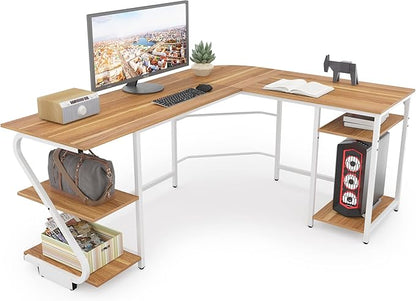 L Shaped Desk Reversible, Corner Computer L Desk with Storage Shelves, Modern Gaming Desk Workstation for Home Office, Walnut