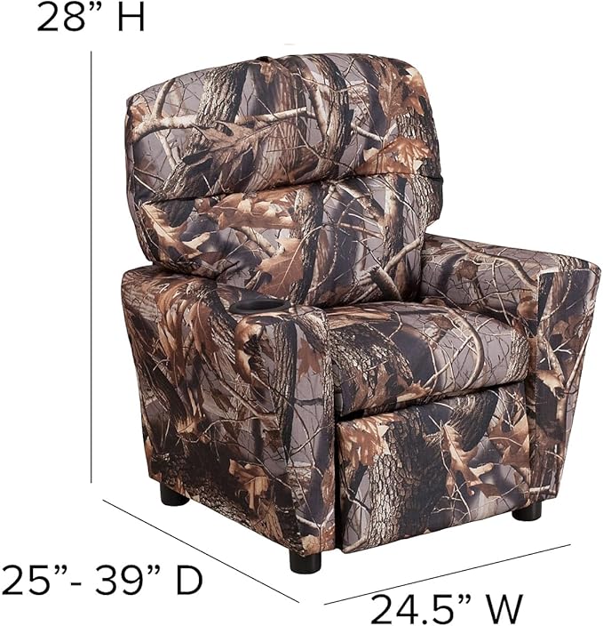 Flash Furniture Chandler Vinyl Kids Recliner with Cup Holder and Safety Recline, Contemporary Reclining Chair for Kids, Supports up to 90 lbs., Camouflage