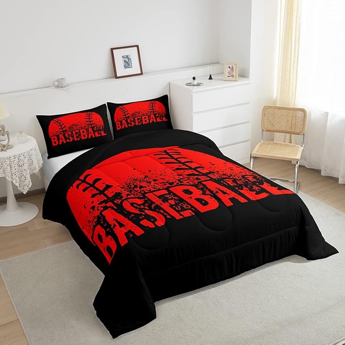 Baseball Comforter Set Twin Size Kids Red Black Sports Quilt Bedding Set For Boys Girls,Reversible Black Bedding Comforter Sets Soft Lightweight For All Season,1 Comforter And 1 Pillow Case