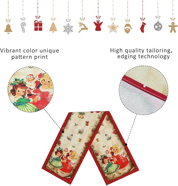 Vintage Christmas Table Runner Christmas Decorations - Red Vintage Style Santa Claus Girls Merry Christmas Winter Xmas Home Kitchen Dining Table Decor, Christmas Party Decorations 13 x 72 Inch
