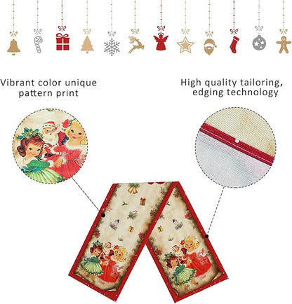Vintage Christmas Table Runner Christmas Decorations - Red Vintage Style Santa Claus Girls Merry Christmas Winter Xmas Home Kitchen Dining Table Decor, Christmas Party Decorations 13 x 72 Inch
