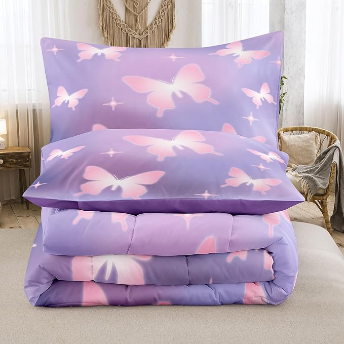 Tailor Shop Butterfly Comforter Sets Queen Size,Purple Pink Butterfly Bedding Sets for Girls Kids Teens with 2 Pillowcase…
