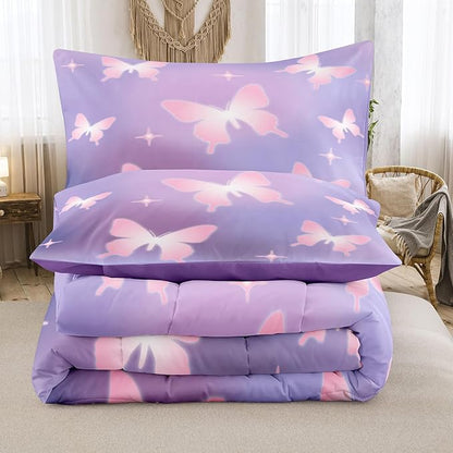 Tailor Shop Butterfly Comforter Sets Queen Size,Purple Pink Butterfly Bedding Sets for Girls Kids Teens with 2 Pillowcase…