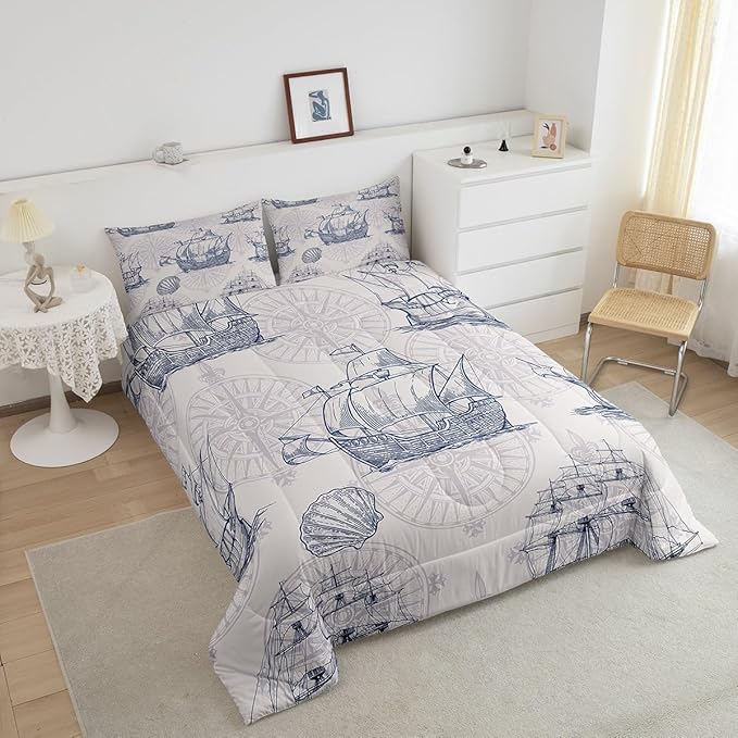 Nautical Comforter Set Sailboat Down Comforter Twin,Blue White Vintage Style Quilted Duvet Set Luxury Anchor Crab Pattern Bedding Insert Set for Kids, Adult Teen Boys Girls Bedroom Ocean Beach Decor