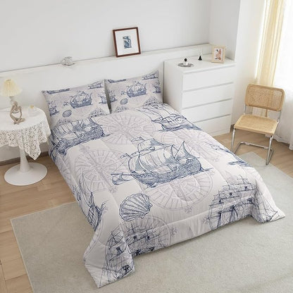 Nautical Comforter Set Sailboat Down Comforter Queen,Blue White Vintage Style Quilted Duvet Set Luxury Anchor Crab Pattern Bedding Insert Set for Kids, Adult Teen Boys Girls Bedroom Ocean Beach Decor