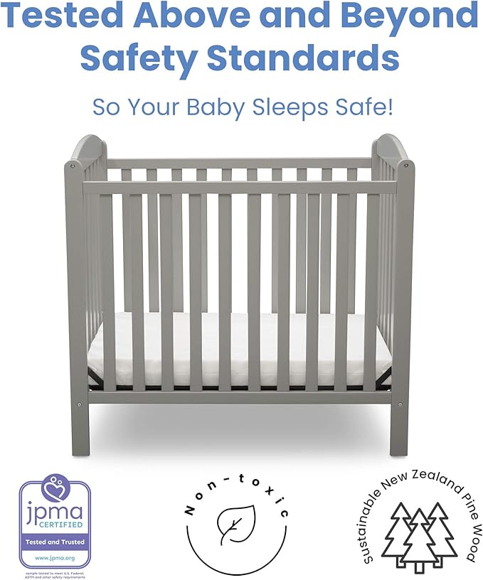 Delta Children Emery Mini Convertible Baby Crib with 2.75-inch Mattress, Grey