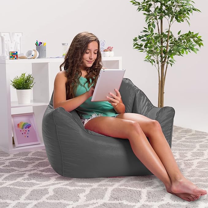 Posh Creations Structured Comfy Seat for Playrooms and Bedrooms, Large Bean Bag Chair, Malibu Lounge, Charcoal Gray