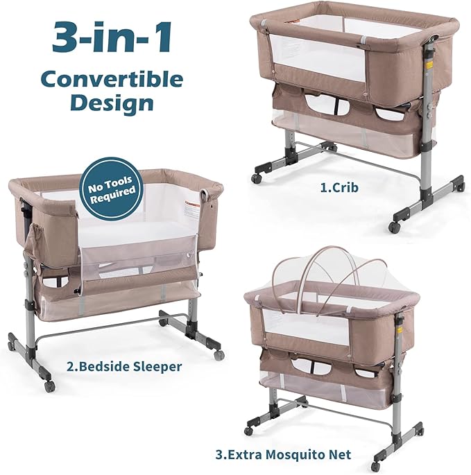3in1 Bedside Crib for Girl or Boy, Bedside Sleeper for Baby Portable and Adjustable Crib with Mosquito net for Newborn Baby,Deep Khaki