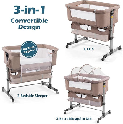 3in1 Bedside Crib for Girl or Boy, Bedside Sleeper for Baby Portable and Adjustable Crib with Mosquito net for Newborn Baby,Deep Khaki