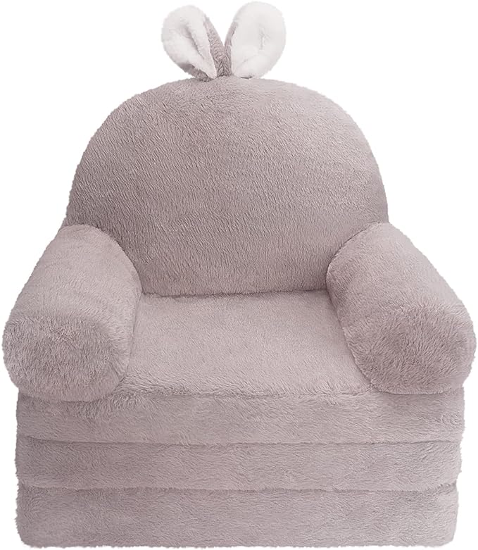 Kids Couch Fold Out Soft Toddler Chairs,Toddler Armrest Chair Bed for Play,Gift for 0-3 Years,Grey Bunny