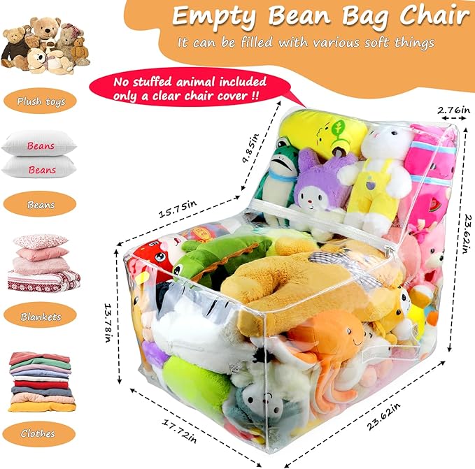 Clear Stuffed Animal Bean Bag Chair Cover for Kids, Waterproof Large Stuffable Beanbag Chair Cover, Creative PVC Plush Toys Storage, for Organizing Toddler & Children Rooms Soft Stuff Animal