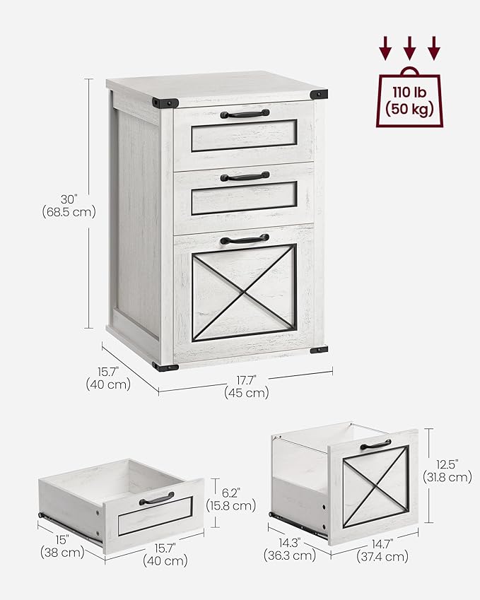 VASAGLE File Cabinet, Filing Cabinet with 3 Drawers, Printer Stand, Fit A4, Letter Size, Hanging File Folders, Modern Farmhouse Style, for Home Office, Study, Rustic White UOFC054T73