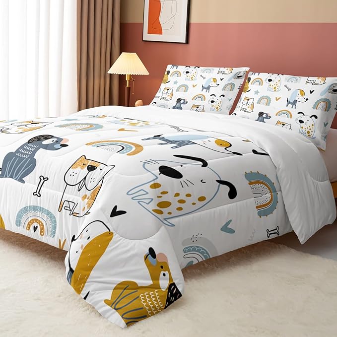 Datura home Kawaii Dogs Comforter Set Cute Dogs and Rainbow Printed Quilt Bedding Set with 1 Comforter and 2 Pillowcases for Boys and Girls Bedroom All Season(Dogs Queen)