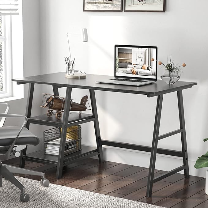 sogesfurniture 47 inches Writing Computer Study Desk with 2 Tier Storage Shelves on Left or Right Side, Trestle Desk, Home Office Study Desk,Black