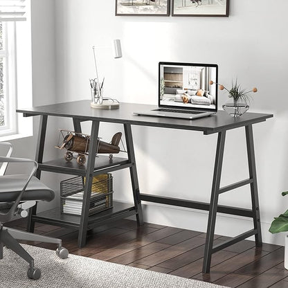 sogesfurniture 47 inches Writing Computer Study Desk with 2 Tier Storage Shelves on Left or Right Side, Trestle Desk, Home Office Study Desk,Black