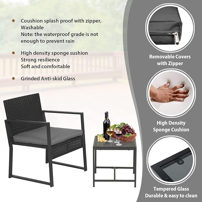 FDW 3 Piece Patio Furniture Sets Wicker Patio Chairs Rattan Outdoor Bistro Set Outdoor Furniture for Backyard Porch Poolside Lawn,Grey Cushion