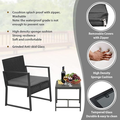 FDW 3 Piece Patio Furniture Sets Wicker Patio Chairs Rattan Outdoor Bistro Set Outdoor Furniture for Backyard Porch Poolside Lawn,Grey Cushion