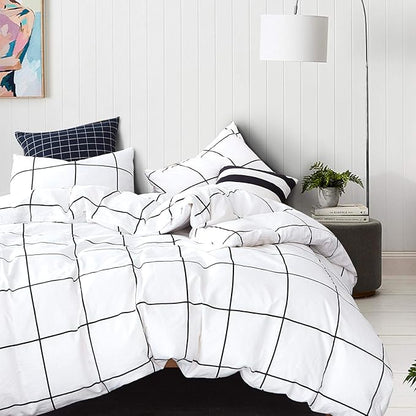 White Grid Comforter White Plaid Bedding Set Twin White with Black Line Stripes Boys Checkered Comforters Bedding Set Girls White Grid Comforter Set Twin