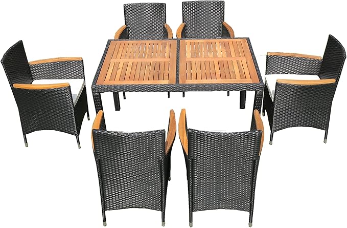 7-Piece Outdoor Dining Table Set with Acacia Wood TableTop and 6 Chairs, Rattan Wicker Patio Furniture for Garden Backyard Poolside, Onesize, Black
