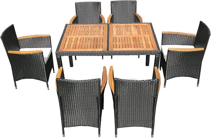 7-Piece Outdoor Dining Table Set with Acacia Wood TableTop and 6 Chairs, Rattan Wicker Patio Furniture for Garden Backyard Poolside, Onesize, Black