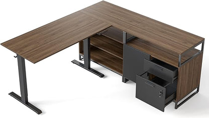 FEZIBO 66 Inch Executive L Shaped Standing Desk with 2-Drawer File Cabinet, Electric Height Adjustable Stand up Desk, Home Office Modern Wood Computer Desk with Shelves, Black Frame/Dark Walnut Top
