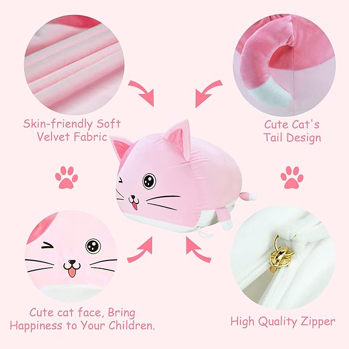 Cute Cat Bean Bag Chair for Kids, Pink Stuffed Animal Storage Beanbag Chairs for Girls Room Decor, Extra Large Size, Velvet Super Soft Cover Only