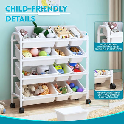 Kids Toy Storage Organizer with 12 Plastic Bins, 4-Tier Metal Toy Storage Rack, Metal Toy Organizer with Storage Bins for Kids Room, Playroom and Nursery, White