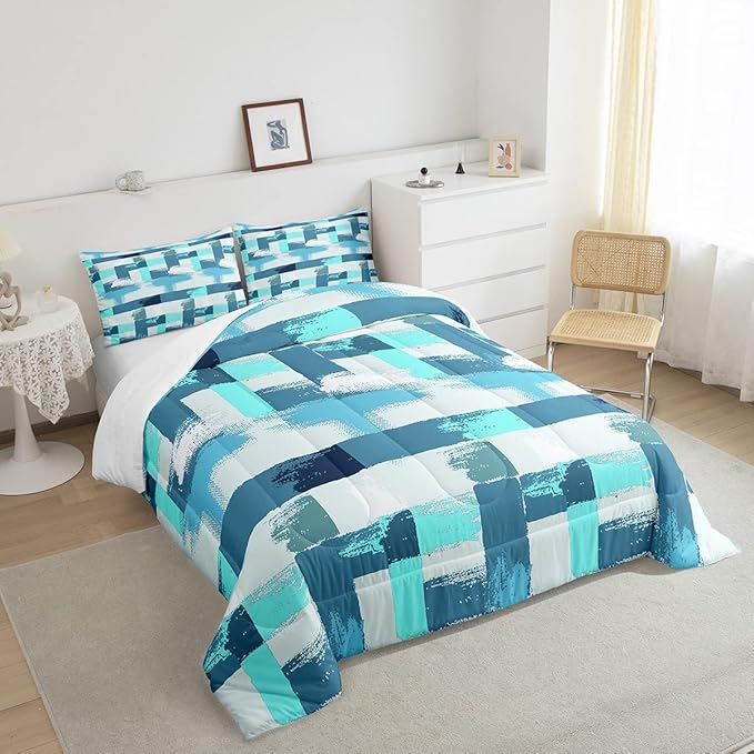 Teal Comforter Set Full Size Turquoise Comforter Blue Grey Grunge Ombre Bedding Set for Kids Boys Girls Adults Bedroom Decor Watercolor Abstract Contemporary Quilt Duvet Insert with 2 Pillowcases