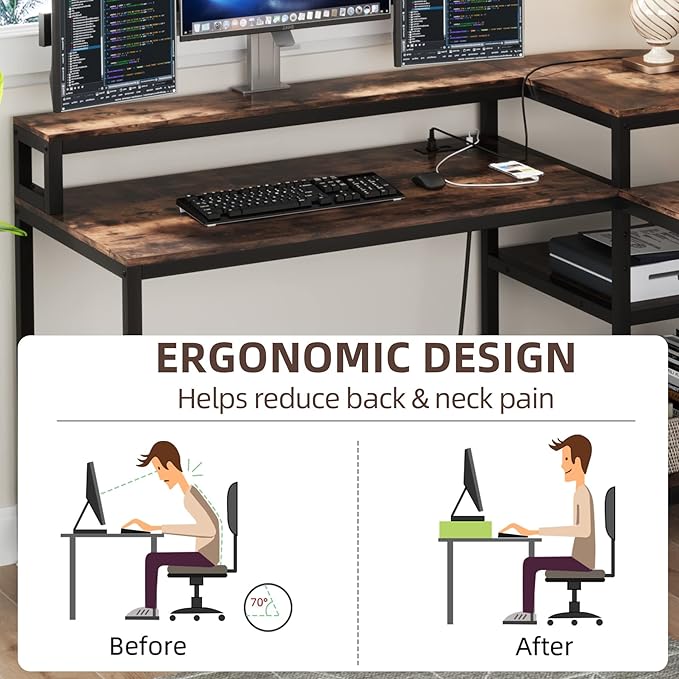 TIYASE L Shaped Desk with Power Outlet and USB Port, 59 in L-Shaped Computer Corner Desk with Storage Shelves, Home Office Desk Workstation with Monitor Stand, Tower Shelf, Rustic Brown