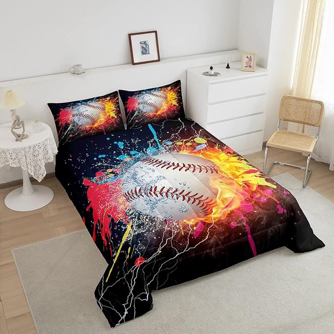 Baseball Comforter Set For Boys,Tie Dye Baseball Sports Full Bedding Set Red Blue Fire Water Lightning Duvet Insert For All Season,Sports Baseball Quilt Soft Lightweight Bedroom Decor 2 Pillow Cases
