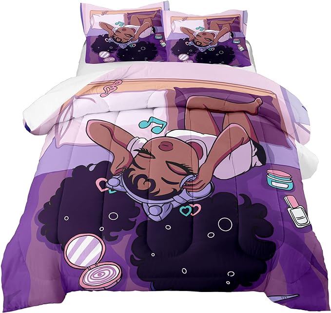 African American Girls Comforter Sets, Pretty Black Girls Love Music Purple Duvet, Fluffy Afro Gilrs Comforter Bedding Set, Queen Size Black Girls Magic Comforter Sets 1 Comforter +2 Pillowcases