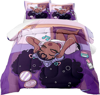 African American Girls Comforter Sets, Pretty Black Girls Love Music Purple Duvet, Fluffy Afro Gilrs Comforter Bedding Set, Queen Size Black Girls Magic Comforter Sets 1 Comforter +2 Pillowcases