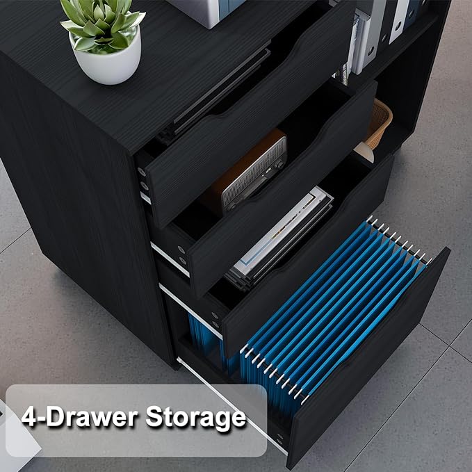 4 Drawers Lateral File Cabinet, Wood Filing Cabinet, Printer Stand with Open Storage Shelves for Home Office, 6 Compartments, Black